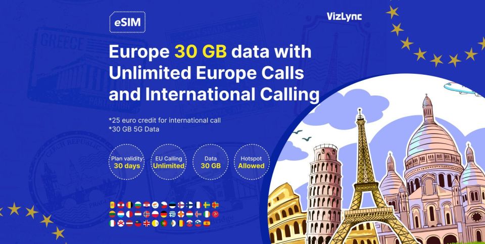 European Esim Plan | 30GB Data and Unlimited Local EU Calls - How to Book and Cancel